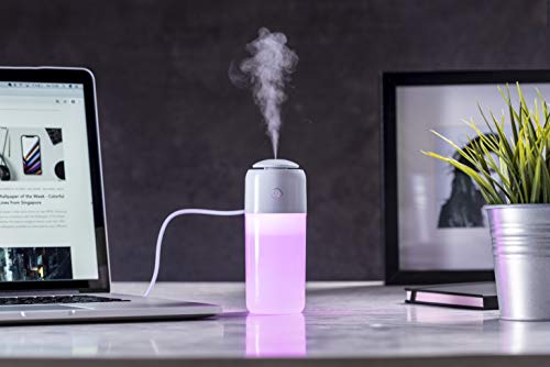 MKTOSASA - Elegante Mini humidificador de 200ml. Iluminación LED Multicolor. para Coche, hogar y Oficina. Vaporización Continua y a intervalos. Conexión USB y Cable Incluido - 6x14.9x6