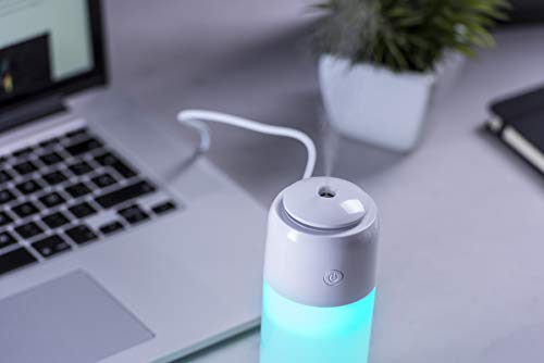 MKTOSASA - Elegante Mini humidificador de 200ml. Iluminación LED Multicolor. para Coche, hogar y Oficina. Vaporización Continua y a intervalos. Conexión USB y Cable Incluido - 6x14.9x6
