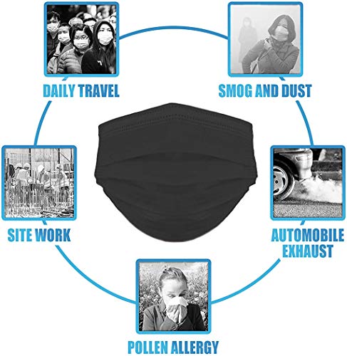 MMMYANG 100 piezas Adulto Negro Seguro Suave Transpirable Protección personal diaria, Protección 3 Capas Transpirables A Prueba de Polvo con Elástico para Los Oídos