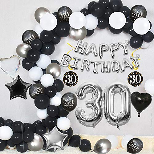 MMTX 30 Decoración Fiesta cumpleaños, Feliz cumpleaños Decoracion Globos Negro Plateado con Happy Birthday Banner, impresión látex Globos de Papel de corazón de Estrella para Niño Hombres Niña Mujer