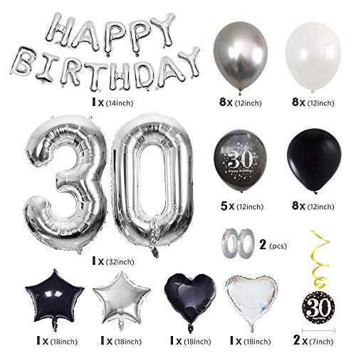 MMTX 30 Decoración Fiesta cumpleaños, Feliz cumpleaños Decoracion Globos Negro Plateado con Happy Birthday Banner, impresión látex Globos de Papel de corazón de Estrella para Niño Hombres Niña Mujer