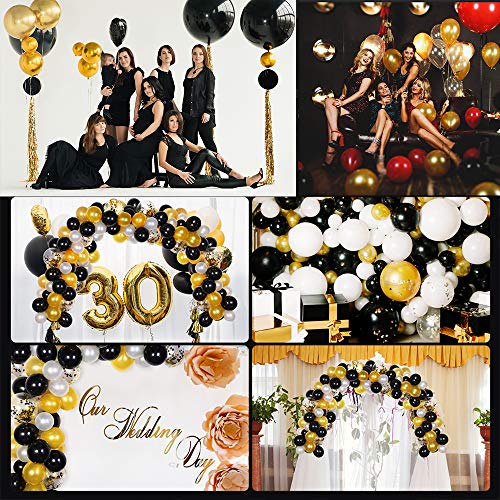 MMTX 30 Globos Cumpleaños Decoracione Oro Negro, Happy Birthday cumpleaños, Pompones de Papel, Globos de Papel de Oro para Hombres y Mujeres Adultos Decoración de Fiesta