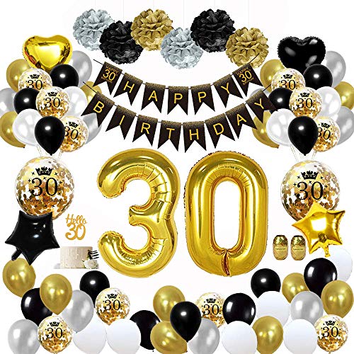 MMTX 30 Globos Cumpleaños Decoracione Oro Negro, Happy Birthday cumpleaños, Pompones de Papel, Globos de Papel de Oro para Hombres y Mujeres Adultos Decoración de Fiesta
