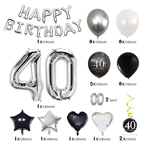 MMTX 40 Decoración Fiesta cumpleaños, Feliz cumpleaños Decoracion Globos Negro Plateado con Happy Birthday Banner, impresión látex Globos de Papel de corazón de Estrella para Niño Hombres Niña Mujer