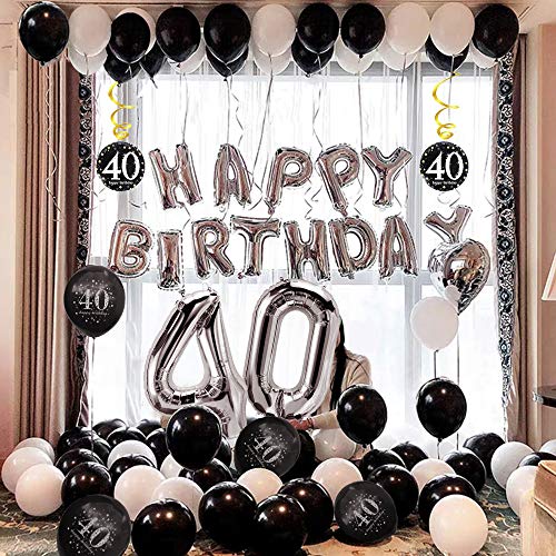 MMTX 40 Decoración Fiesta cumpleaños, Feliz cumpleaños Decoracion Globos Negro Plateado con Happy Birthday Banner, impresión látex Globos de Papel de corazón de Estrella para Niño Hombres Niña Mujer