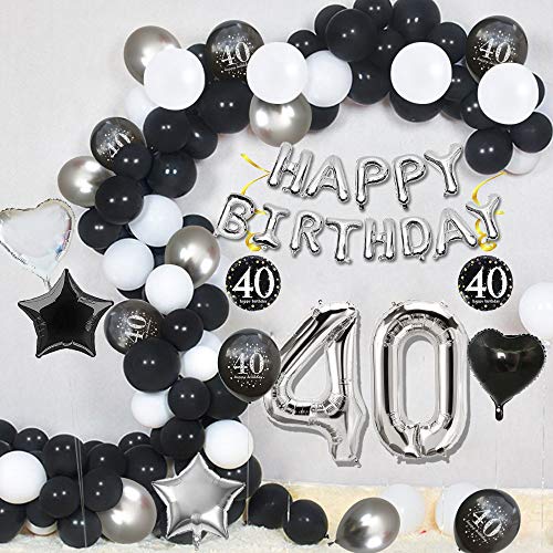 MMTX 40 Decoración Fiesta cumpleaños, Feliz cumpleaños Decoracion Globos Negro Plateado con Happy Birthday Banner, impresión látex Globos de Papel de corazón de Estrella para Niño Hombres Niña Mujer