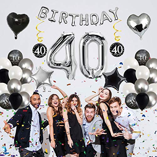MMTX 40 Decoración Fiesta cumpleaños, Feliz cumpleaños Decoracion Globos Negro Plateado con Happy Birthday Banner, impresión látex Globos de Papel de corazón de Estrella para Niño Hombres Niña Mujer