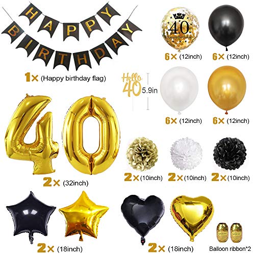 MMTX 40 Globos Cumpleaños Decoracione Oro Negro, Happy Birthday cumpleaños, Pompones de Papel, Globos de Papel de Oro para Hombres y Mujeres Adultos Decoración de Fiesta