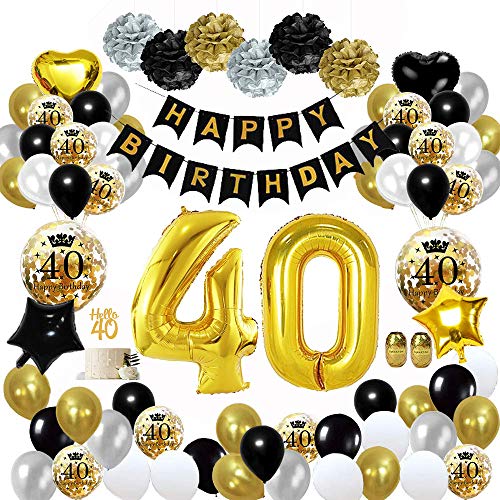 MMTX 40 Globos Cumpleaños Decoracione Oro Negro, Happy Birthday cumpleaños, Pompones de Papel, Globos de Papel de Oro para Hombres y Mujeres Adultos Decoración de Fiesta
