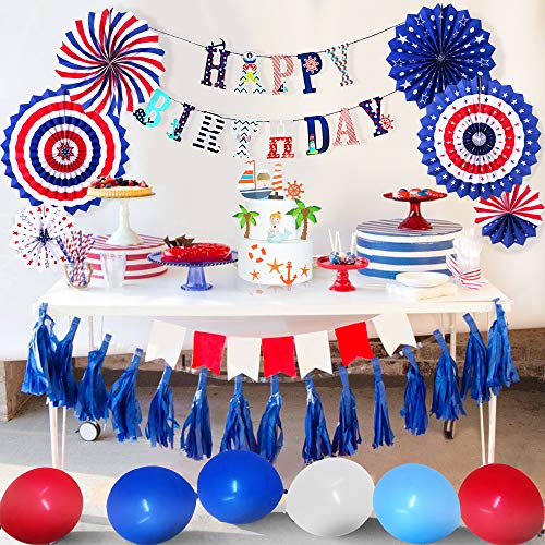 MMTX Cumpleaños Decoraciones Fiesta de Niño Azul Rojo Blanco Globos Set de Suministros para Fiestas Náutico Decoración Cupcake Toppers Abanicos de Papel Tatuaje para Baby Shower Favores de Fiesta