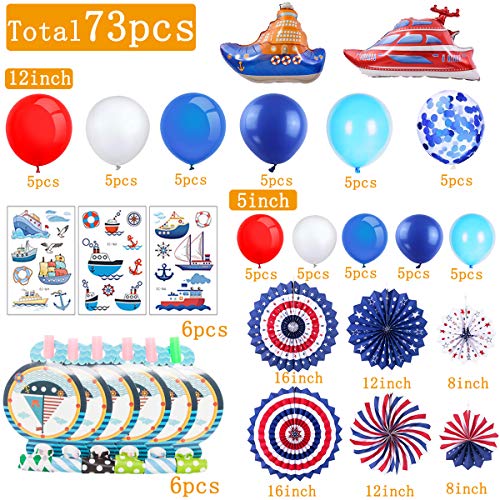 MMTX Cumpleaños Decoraciones Fiesta de Niño Azul Rojo Blanco Globos Set de Suministros para Fiestas Náutico Decoración Cupcake Toppers Abanicos de Papel Tatuaje para Baby Shower Favores de Fiesta