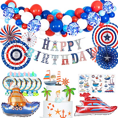MMTX Cumpleaños Decoraciones Fiesta de Niño Azul Rojo Blanco Globos Set de Suministros para Fiestas Náutico Decoración Cupcake Toppers Abanicos de Papel Tatuaje para Baby Shower Favores de Fiesta