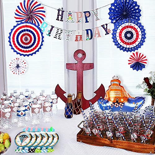 MMTX Cumpleaños Decoraciones Fiesta de Niño Azul Rojo Blanco Globos Set de Suministros para Fiestas Náutico Decoración Cupcake Toppers Abanicos de Papel Tatuaje para Baby Shower Favores de Fiesta