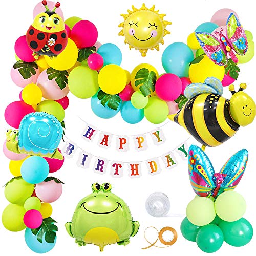 MMTX Cumpleaños Jardín Fiesta Decoración Vistoso Globos para Chico Chica Jardín Niño Cumpleaños Globo Decoración,Selva Insecto Mariposa abeja Rana Caracoles Animal Globos Hojas palma Birthday Bandera