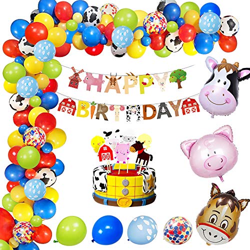 MMTX Cumpleaños Juguetes Globos De Fiesta Decoracion para Chico Chica,Granja Happy Birthday Bandera con Cerdo Caballo Vaca Glob Rojo azul amarillo Globos Niños Cumpleaños Festival Decoración Fiesta
