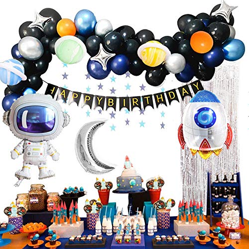 MMTX Decoracion Cumpleaños Globos de Feliz Cumpleaños Primer Cumpleaños Niño 1 año con Guirnalda Cumpleaños, Cohete Astronauta Moon Foil Globo(61pcs, No Contiene Carteles)