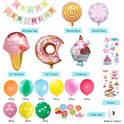 MMTX Decoraciones fiesta Cumpleaños Candyland, Fiesta de cumpleaños con pancarta de feliz cumpleaños, Caramelo Donut Helado Globo De Aluminio para niñas niños mujeres Candyland Lollipop Party
