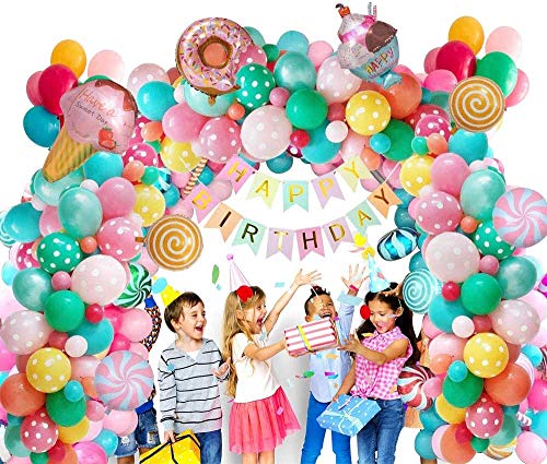 MMTX Decoraciones fiesta Cumpleaños Candyland, Fiesta de cumpleaños con pancarta de feliz cumpleaños, Caramelo Donut Helado Globo De Aluminio para niñas niños mujeres Candyland Lollipop Party