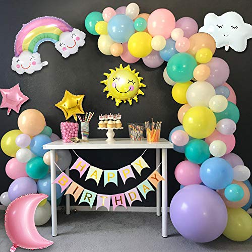 MMTX Decoraciones fiesta Cumpleaños Pastel, Feliz Cumpleaños Tema del cielo con pancarta de Happy Birthday, Dom Luna Nubes Arco iris Estrella Globo para Revelación de género Niñas niño mujeres