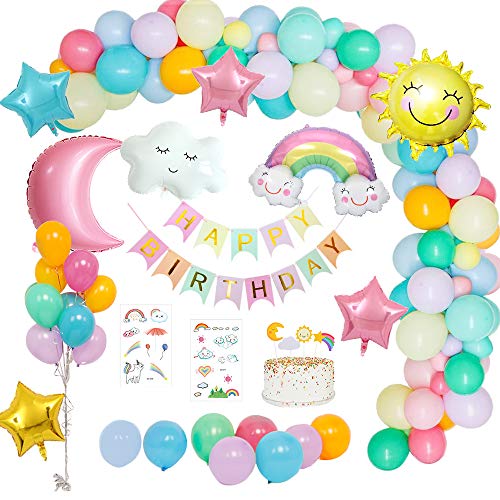 MMTX Decoraciones fiesta Cumpleaños Pastel, Feliz Cumpleaños Tema del cielo con pancarta de Happy Birthday, Dom Luna Nubes Arco iris Estrella Globo para Revelación de género Niñas niño mujeres