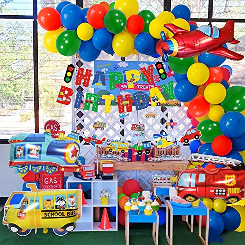 MMTX Globos Cumpleaños de Niños, Cumpleaños Decoraciones Transporte Tema Avión Tren Coche de policía Autobús Escolar Yate Camión de Bomberos Primeros de la Torta para Niño Cumpleaños Baby Shower