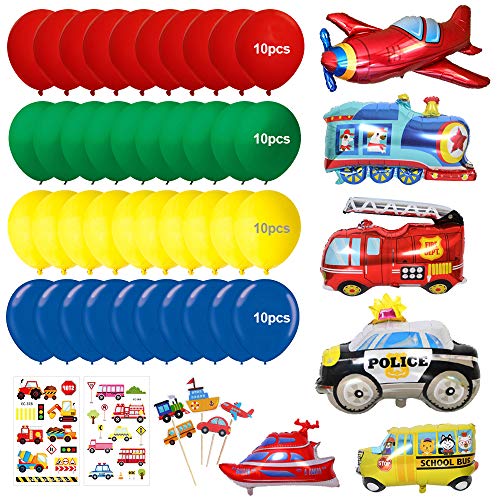MMTX Globos Cumpleaños de Niños, Cumpleaños Decoraciones Transporte Tema Avión Tren Coche de policía Autobús Escolar Yate Camión de Bomberos Primeros de la Torta para Niño Cumpleaños Baby Shower