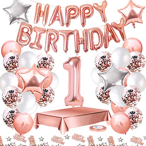 MMTX Globos De Cumpleaños 1 Años Feliz Cumpleaños Decoracion Regalo 18 Regalos Cumpleaños Mujer Oro Rosa con Guirnalda Banner De Cumpleaños para Fiesta,Manteles,Confetti,Globos de Látex Impresos