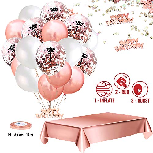 MMTX Globos De Cumpleaños 1 Años Feliz Cumpleaños Decoracion Regalo 18 Regalos Cumpleaños Mujer Oro Rosa con Guirnalda Banner De Cumpleaños para Fiesta,Manteles,Confetti,Globos de Látex Impresos