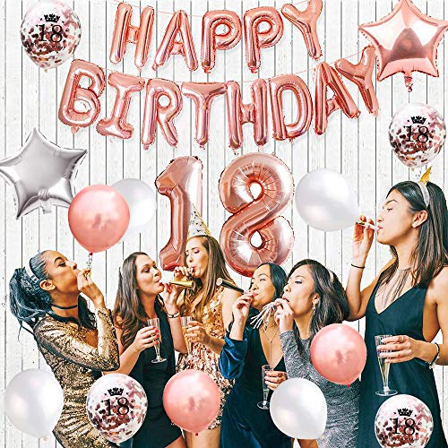 MMTX Globos De Cumpleaños 18 Años Feliz Cumpleaños Decoracion Regalo 18 Regalos Cumpleaños Mujer Oro Rosa con Guirnalda Banner De Cumpleaños Para Fiesta,Manteles,Confetti,Globos de Látex Impresos