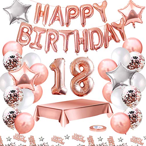 MMTX Globos De Cumpleaños 18 Años Feliz Cumpleaños Decoracion Regalo 18 Regalos Cumpleaños Mujer Oro Rosa con Guirnalda Banner De Cumpleaños Para Fiesta,Manteles,Confetti,Globos de Látex Impresos