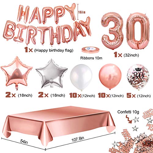 MMTX Globos De Cumpleaños 30 Años Feliz Cumpleaños Decoracion Regalo 18 Regalos Cumpleaños Mujer Oro Rosa con Guirnalda Banner De Cumpleaños Para Fiesta,Manteles,Confetti,Globos de Látex Impresos