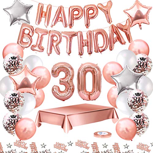 MMTX Globos De Cumpleaños 30 Años Feliz Cumpleaños Decoracion Regalo 18 Regalos Cumpleaños Mujer Oro Rosa con Guirnalda Banner De Cumpleaños Para Fiesta,Manteles,Confetti,Globos de Látex Impresos