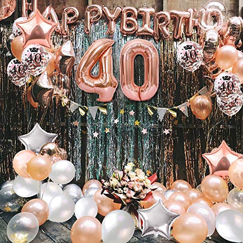 MMTX Globos De Cumpleaños 40 Años Feliz Cumpleaños Decoracion Regalo 40 Regalos Cumpleaños Mujer Oro Rosa con Guirnalda Banner De Cumpleaños para Fiesta,Manteles,Confetti,Globos de Látex Impresos