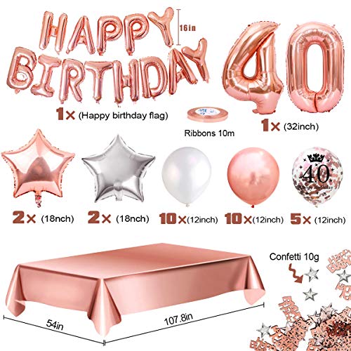 MMTX Globos De Cumpleaños 40 Años Feliz Cumpleaños Decoracion Regalo 40 Regalos Cumpleaños Mujer Oro Rosa con Guirnalda Banner De Cumpleaños para Fiesta,Manteles,Confetti,Globos de Látex Impresos