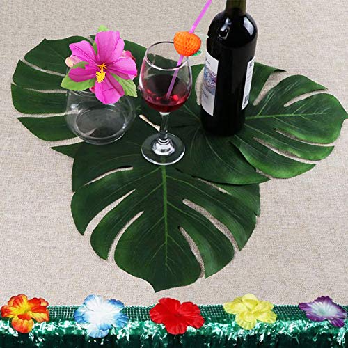 MMTX Hawaiano Luau Falda de mesa, Decoración de fiesta tropical de 9.6FT con hojas de palma Flores hawaianas, adorno de pastel y pajitas de frutas 3D para decoraciones de mesa de fiesta Tiki de verano