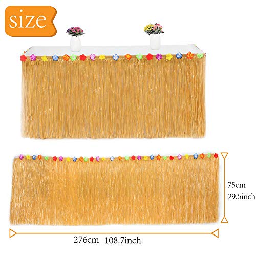 MMTX Hawaiano Luau Falda de mesa, Decoración de fiesta tropical de 9.6FT con hojas de palma Flores hawaianas, adorno de pastel y pajitas de frutas 3D para decoraciones de mesa de fiesta Tiki de verano
