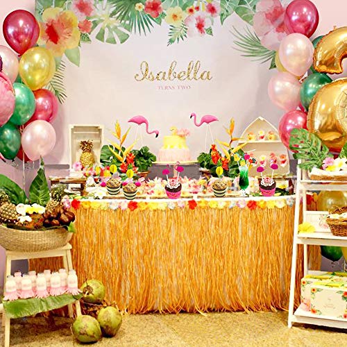MMTX Hawaiano Luau Falda de mesa, Decoración de fiesta tropical de 9.6FT con hojas de palma Flores hawaianas, adorno de pastel y pajitas de frutas 3D para decoraciones de mesa de fiesta Tiki de verano