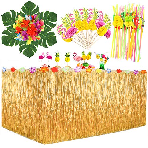 MMTX Hawaiano Luau Falda de mesa, Decoración de fiesta tropical de 9.6FT con hojas de palma Flores hawaianas, adorno de pastel y pajitas de frutas 3D para decoraciones de mesa de fiesta Tiki de verano