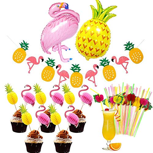 MMTX Hawaiano Luau Falda de mesa, Decoración de fiesta tropical de 9.6FT con hojas de palma Flores hawaianas, adorno de pastel y pajitas de frutas 3D para decoraciones de mesa de fiesta Tiki de verano