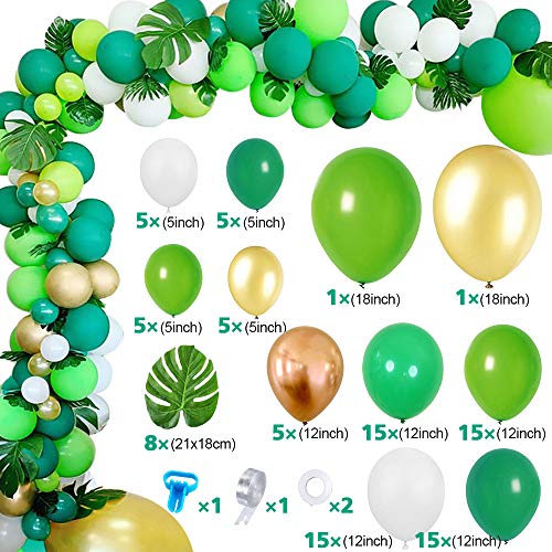 MMTX Selva Globos Fiesta de Cumpleaños 100PCS Kit de Guirnaldas de Decoracion Arcos de Globos con Hojas de Palma Globos Verde Blancos para Niños Cumpleaños Baby Shower Festival Decoracion Boda
