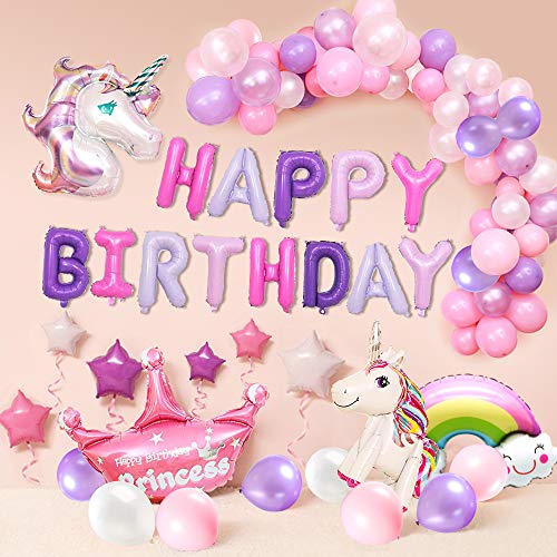 MMTX Suministros de Decoraciones de Fiesta de Unicornio, con 2pcs Enorme Globo de Unicornio, Feliz Cumpleaños Ballon Banner, para Niña Pequeña Fiesta de Cumpleaños de Dama de Niño, Boda (Unicornio)