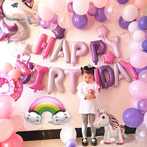 MMTX Suministros de Decoraciones de Fiesta de Unicornio, con 2pcs Enorme Globo de Unicornio, Feliz Cumpleaños Ballon Banner, para Niña Pequeña Fiesta de Cumpleaños de Dama de Niño, Boda (Unicornio)