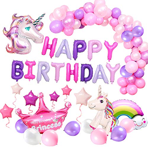 MMTX Suministros de Decoraciones de Fiesta de Unicornio, con 2pcs Enorme Globo de Unicornio, Feliz Cumpleaños Ballon Banner, para Niña Pequeña Fiesta de Cumpleaños de Dama de Niño, Boda (Unicornio)