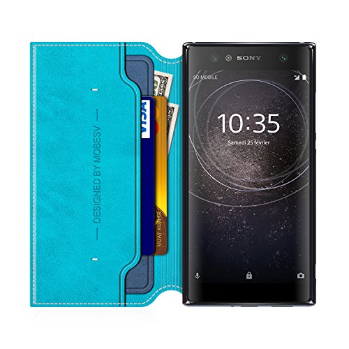 MOBESV Smiley Funda Cartera Sony Xperia XA2, Funda Cuero Movil Sony Xperia XA2 Carcasa Case con Billetera/Soporte para Sony Xperia XA2 - Aqua/Azul Oscuro