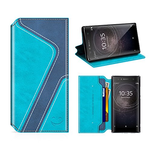 MOBESV Smiley Funda Cartera Sony Xperia XA2, Funda Cuero Movil Sony Xperia XA2 Carcasa Case con Billetera/Soporte para Sony Xperia XA2 - Aqua/Azul Oscuro