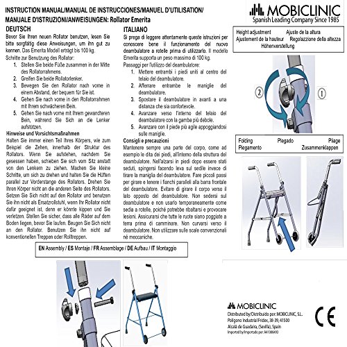 Mobiclinic, Modelo Emérita, Andador para ancianos, adultos, mayores o minusválidos, de acero, ligero, plegable, con asiento y 2 ruedas, Color Azul
