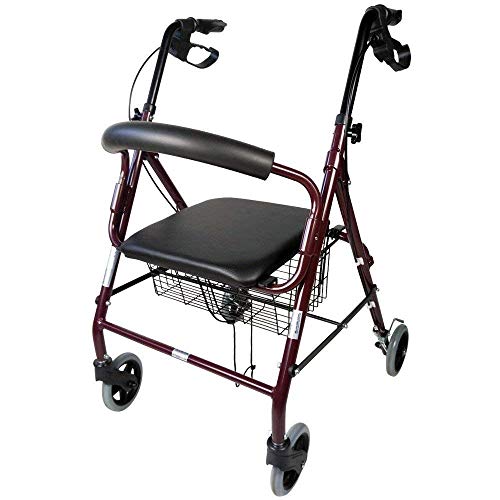 Mobiclinic, Modelo Escorial, Andador para minusvalidos, ancianos, mayores o adultos, de aluminio, ligero, plegable, con asiento y 4 ruedas. Color Burdeos