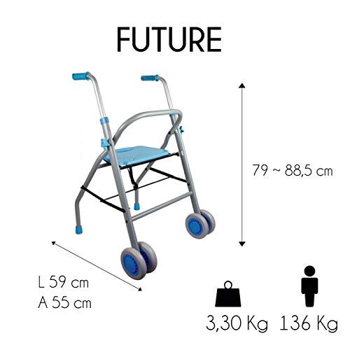 Mobiclinic, Modelo Future, Andador para mayores, adultos, ancianos o minusválidos, de acero y aluminio, ligero, plegable, con asiento y ruedas, Color Celeste