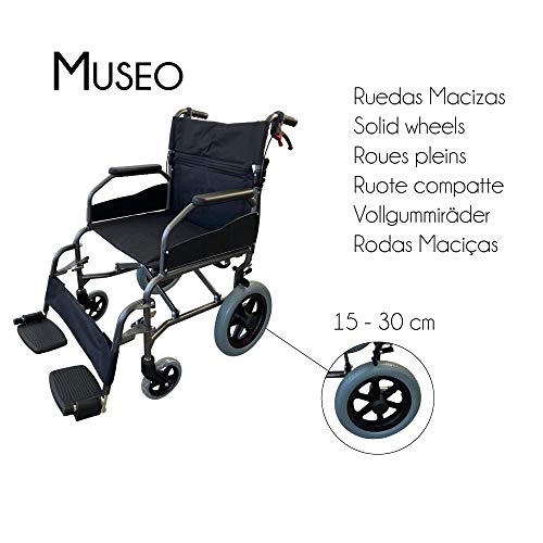 Mobiclinic, Modelo Museo, Silla de ruedas plegable de tránsito, para ancianos y minuválidos, ortopédica, de aluminio, freno en manetas, reposapiés, reposabrazos, color Negro, asiento, ultraligera