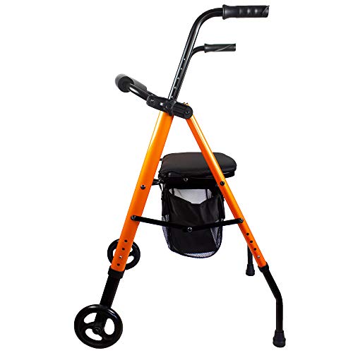 Mobiclinic, Modelo Nerón, Andador para minusvalidos, ancianos, mayores o adultos, de aluminio, ligero, plegable, con asiento, cesta y 2 ruedas, Color Naranja